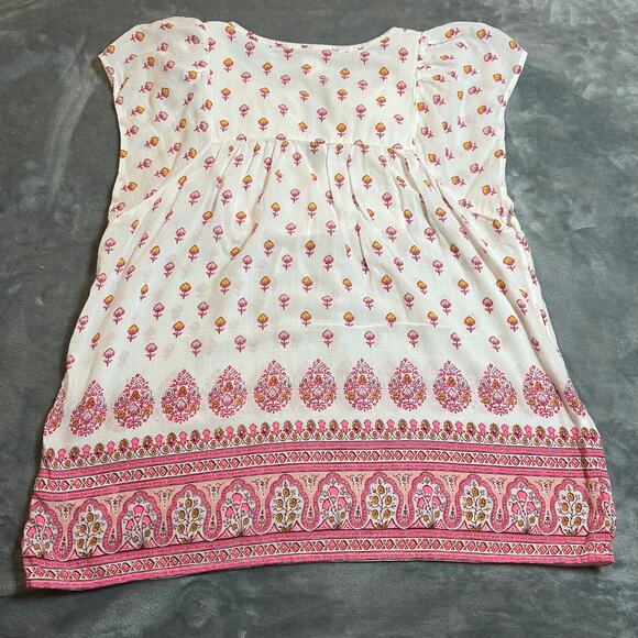 Gap Split Neck Cap Sleeve Floral Boho Print Blouse Size Small Colorful Festival - Picture 2 of 8